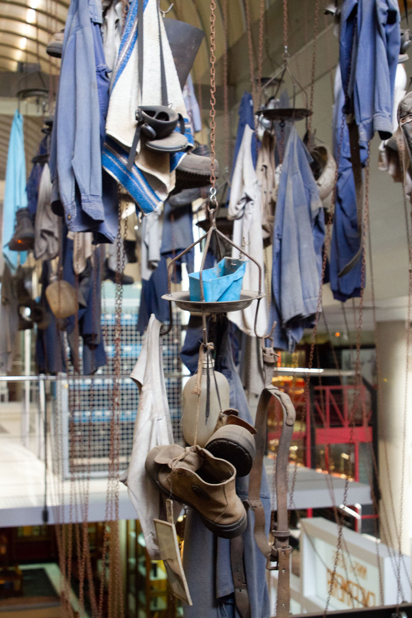 Miners Work cloth hanging from ceiling in blue